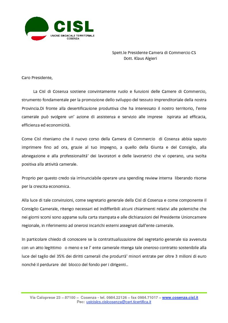 Tonino Russo Segretario Generale Scrive al Presidente della Camera di Commercio di Cosenza